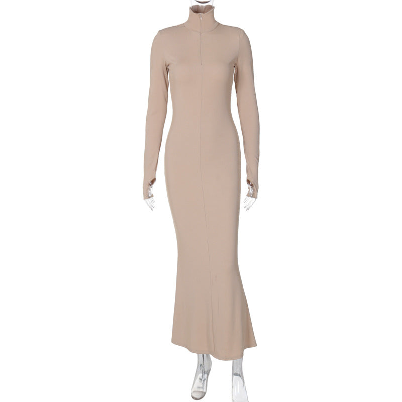 Winter Maxi Dress for Women Chic Long Sleeve Turtleneck Dress Solid Color Style