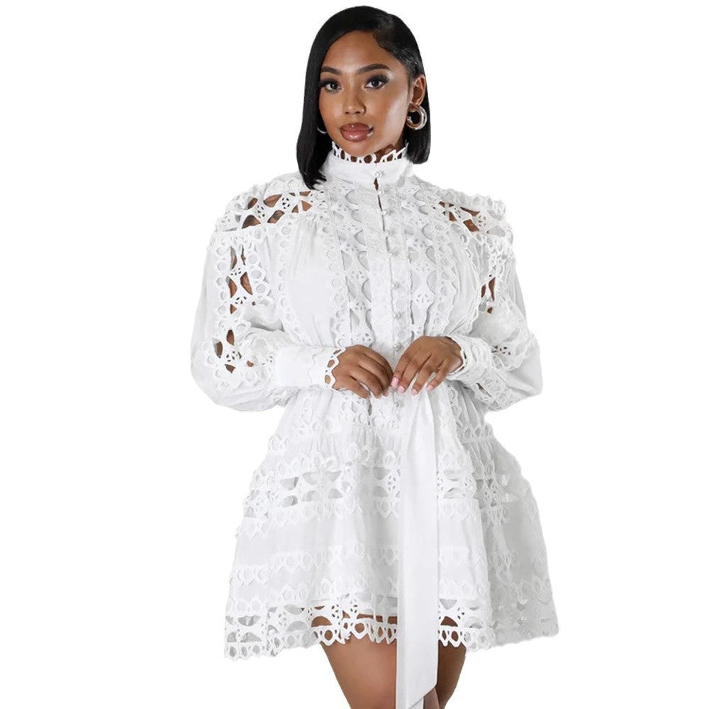 Lace Cutout Dress for Women Stand Collar Long Sleeve Style Chic Look