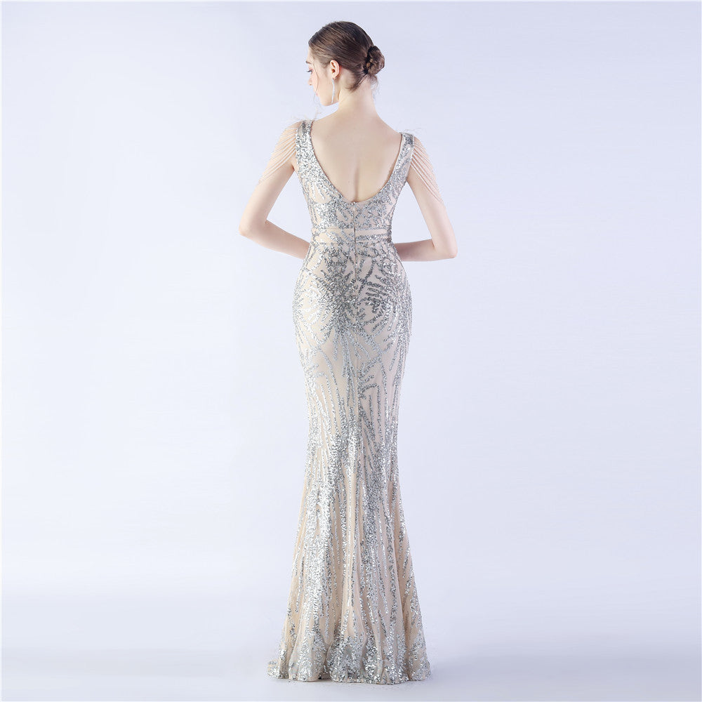 Maxi Dress with Ostrich Feathers and Sequins for Evening Events