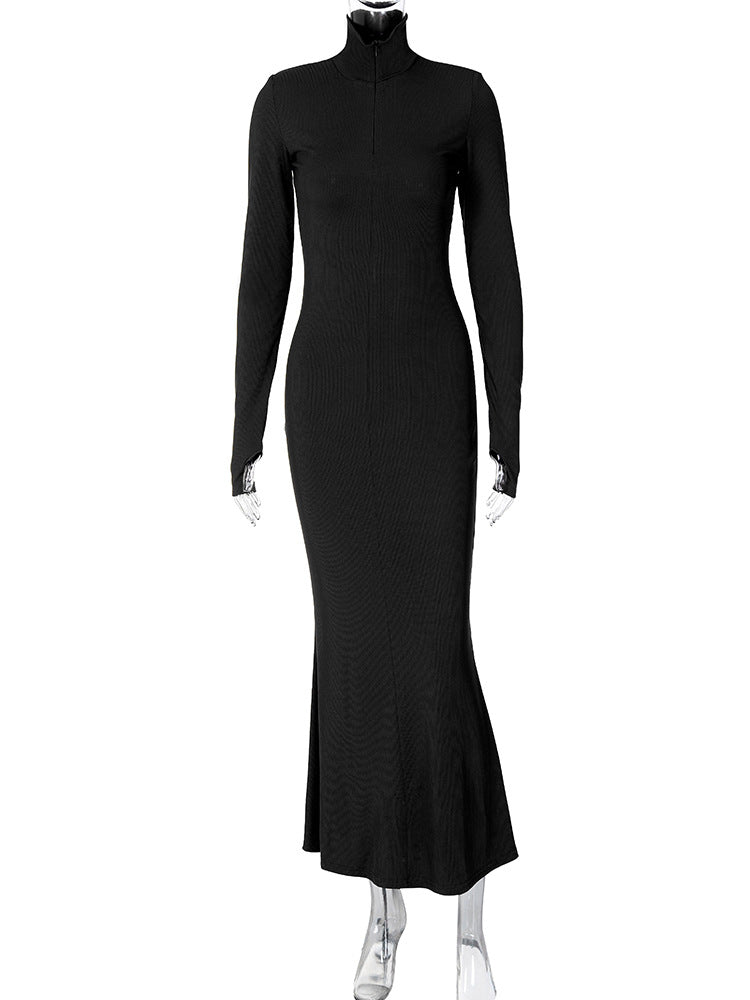 Winter Maxi Dress for Women Chic Long Sleeve Turtleneck Dress Solid Color Style