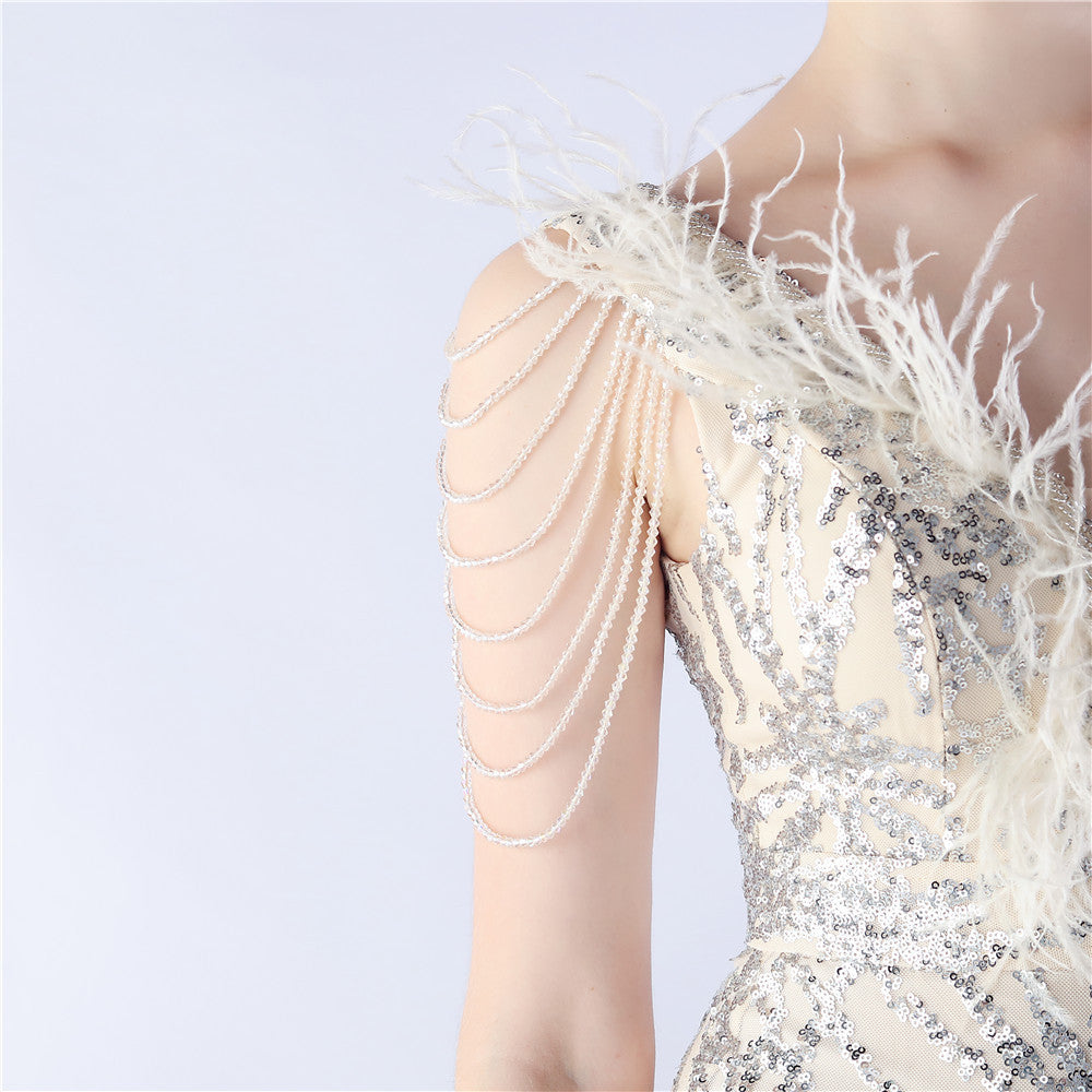 Maxi Dress with Ostrich Feathers and Sequins for Evening Events