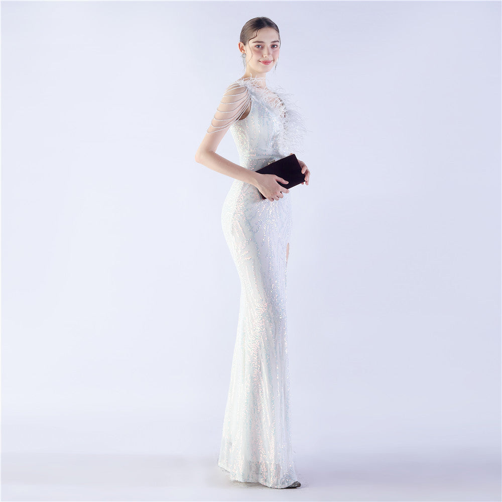 Maxi Dress with Ostrich Feathers and Sequins for Evening Events