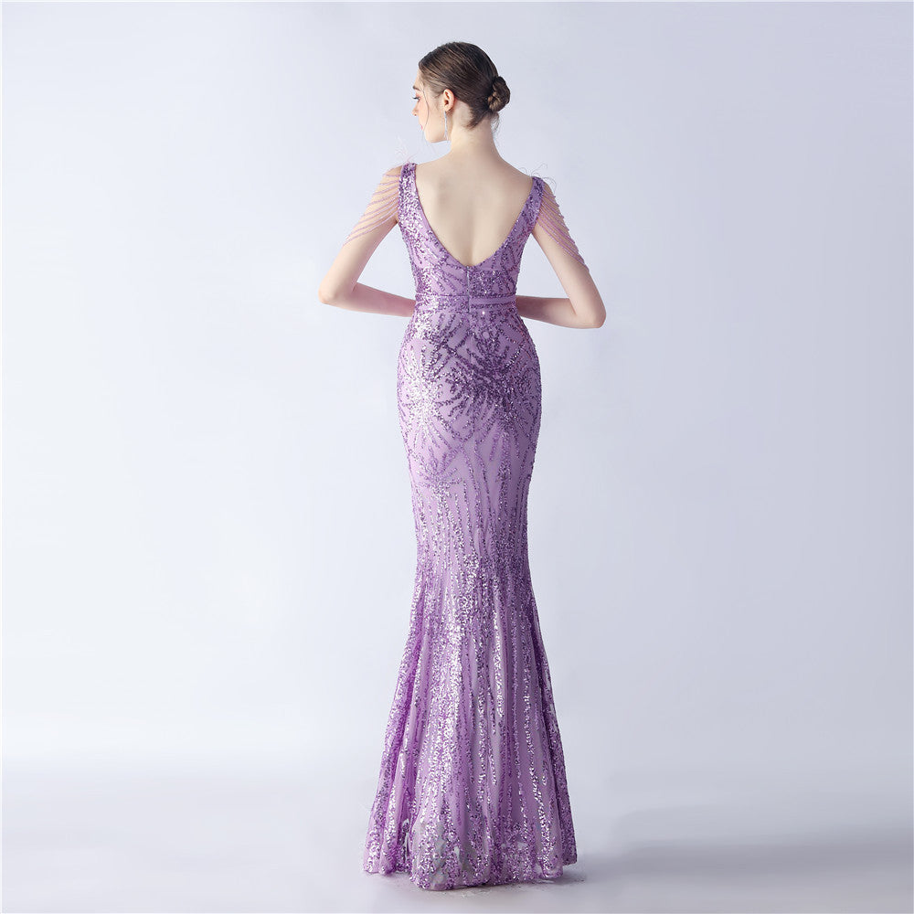 Maxi Dress with Ostrich Feathers and Sequins for Evening Events