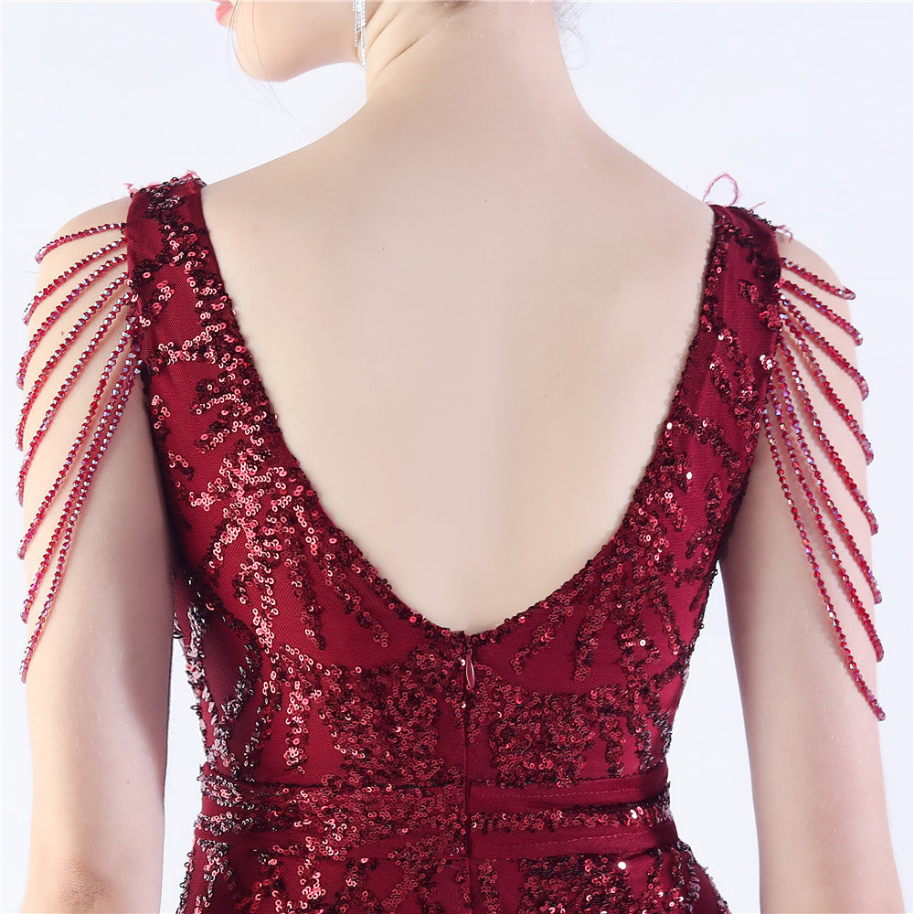 Maxi Dress with Ostrich Feathers and Sequins for Evening Events
