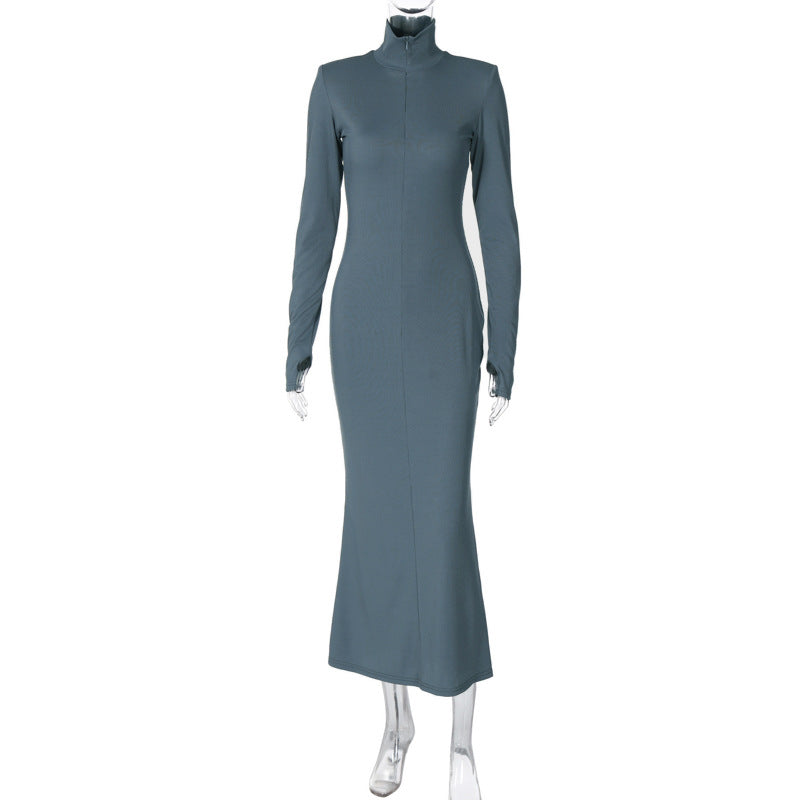 Winter Maxi Dress for Women Chic Long Sleeve Turtleneck Dress Solid Color Style