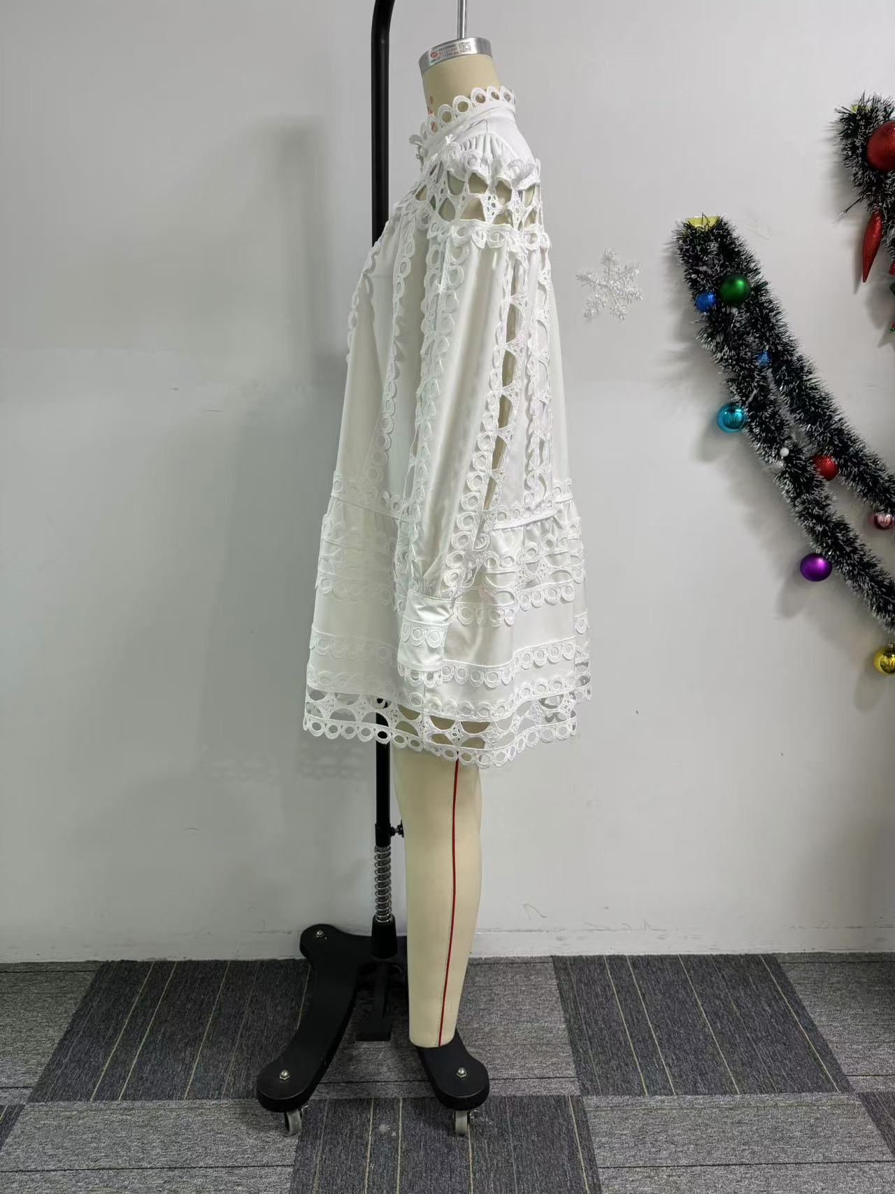 Lace Cutout Dress for Women Stand Collar Long Sleeve Style Chic Look