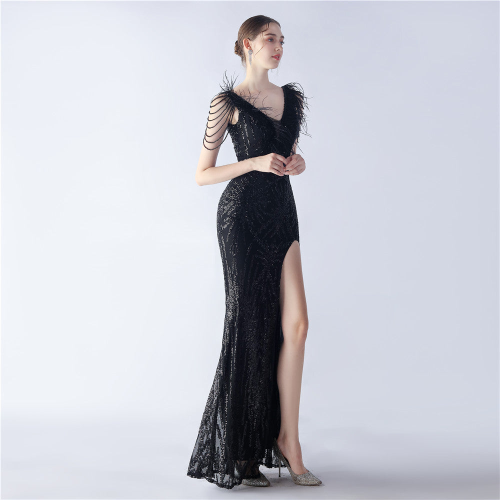 Maxi Dress with Ostrich Feathers and Sequins for Evening Events