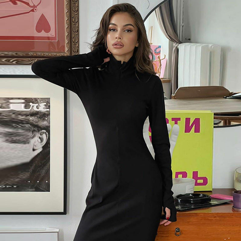 Winter Maxi Dress for Women Chic Long Sleeve Turtleneck Dress Solid Color Style