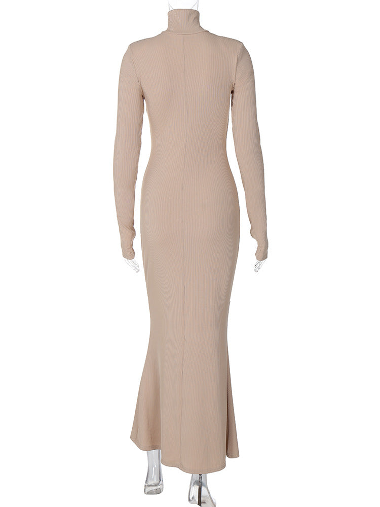 Winter Maxi Dress for Women Chic Long Sleeve Turtleneck Dress Solid Color Style