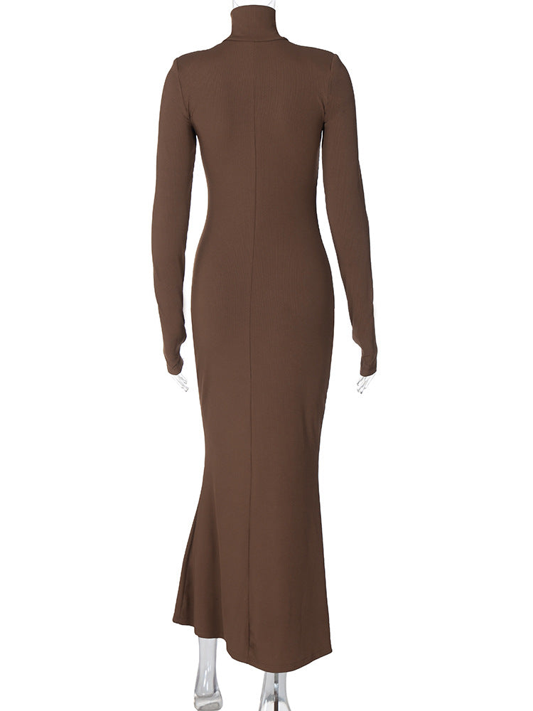 Winter Maxi Dress for Women Chic Long Sleeve Turtleneck Dress Solid Color Style