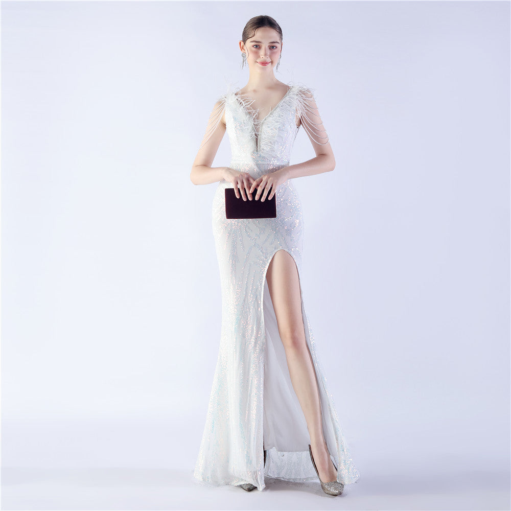 Maxi Dress with Ostrich Feathers and Sequins for Evening Events