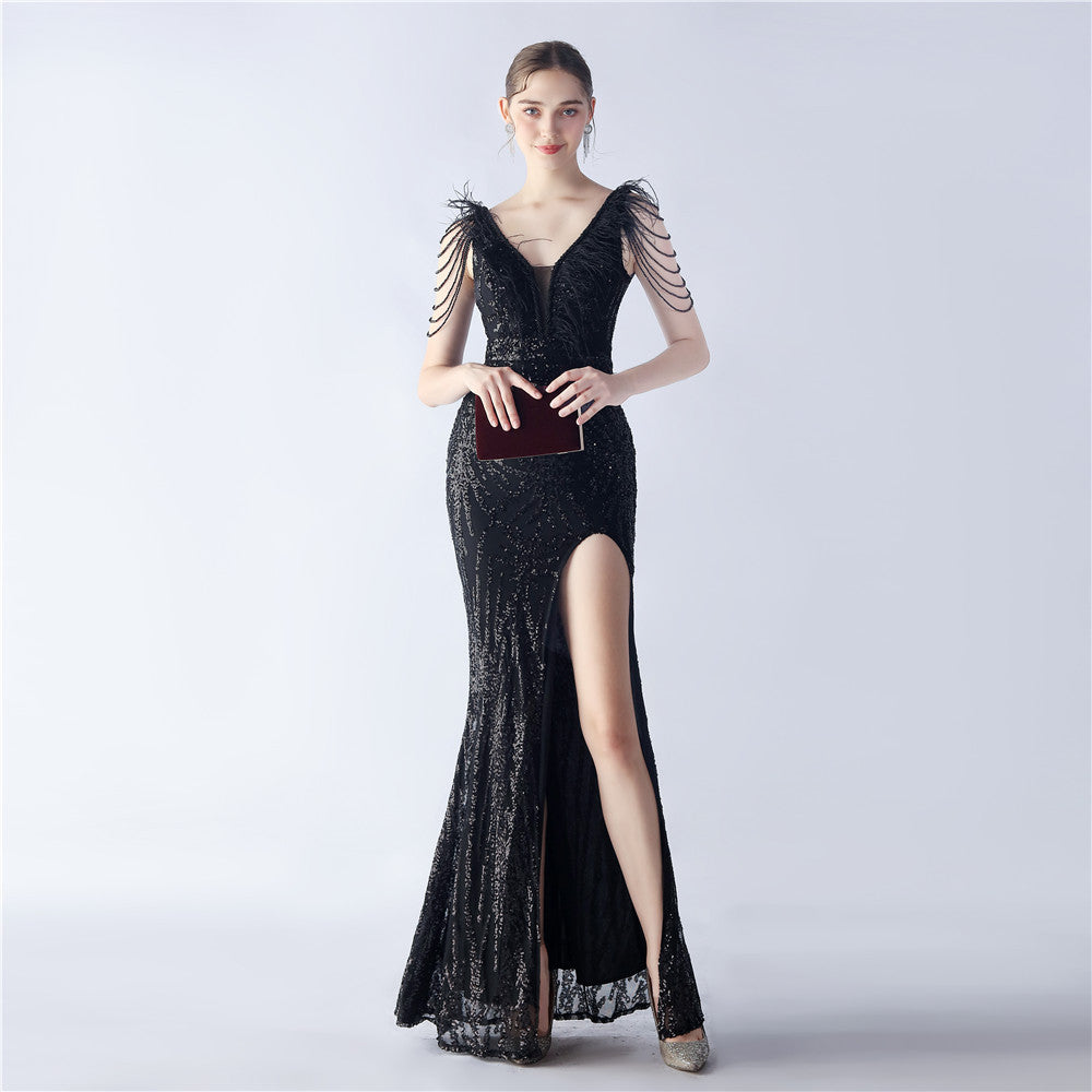 Maxi Dress with Ostrich Feathers and Sequins for Evening Events