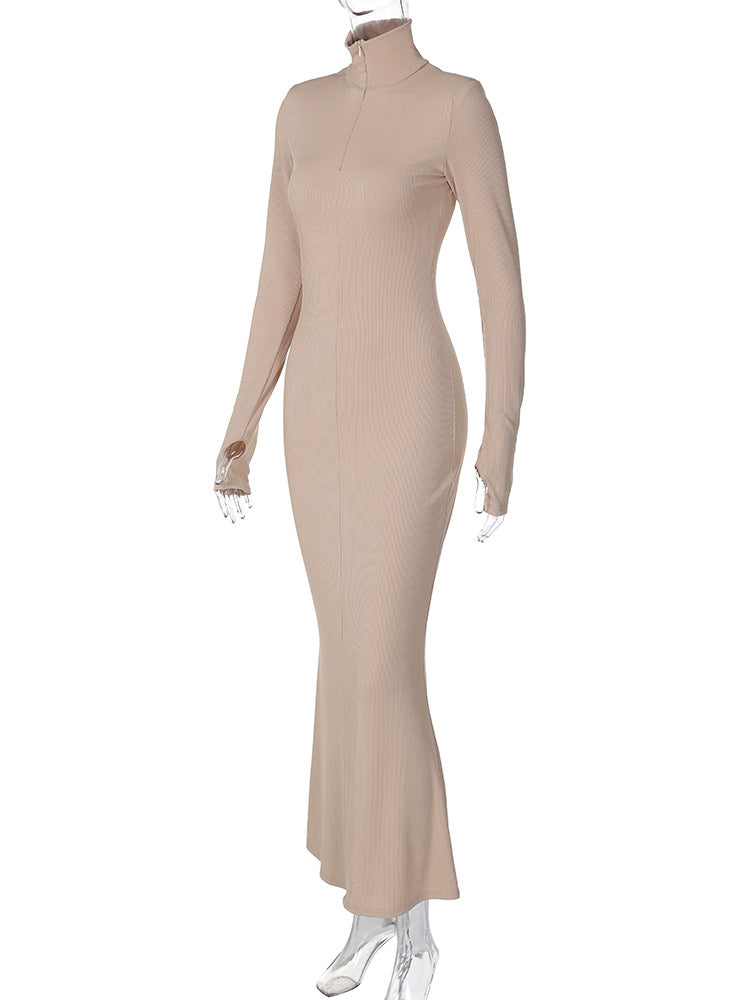 Winter Maxi Dress for Women Chic Long Sleeve Turtleneck Dress Solid Color Style