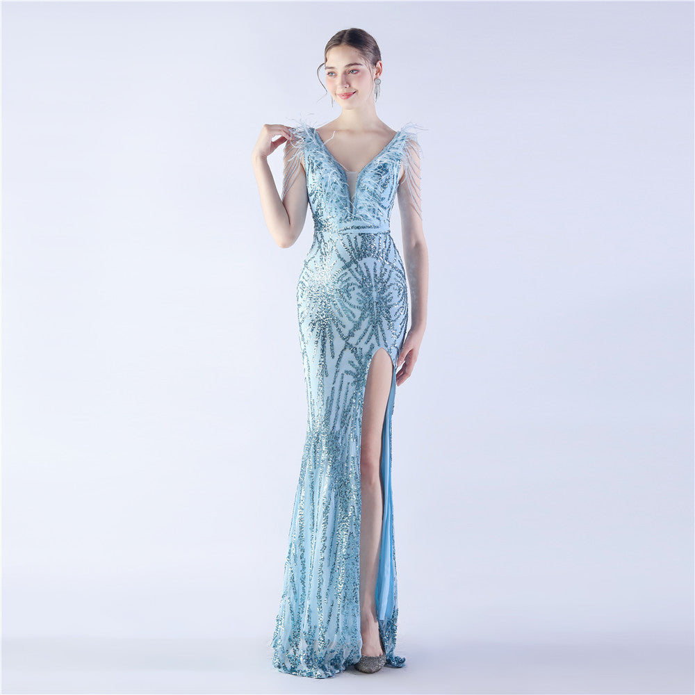 Maxi Dress with Ostrich Feathers and Sequins for Evening Events
