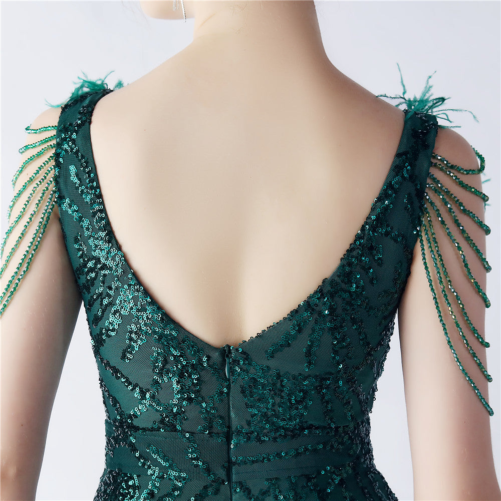 Maxi Dress with Ostrich Feathers and Sequins for Evening Events