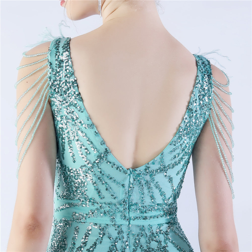 Maxi Dress with Ostrich Feathers and Sequins for Evening Events