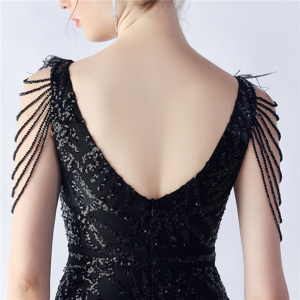 Maxi Dress with Ostrich Feathers and Sequins for Evening Events
