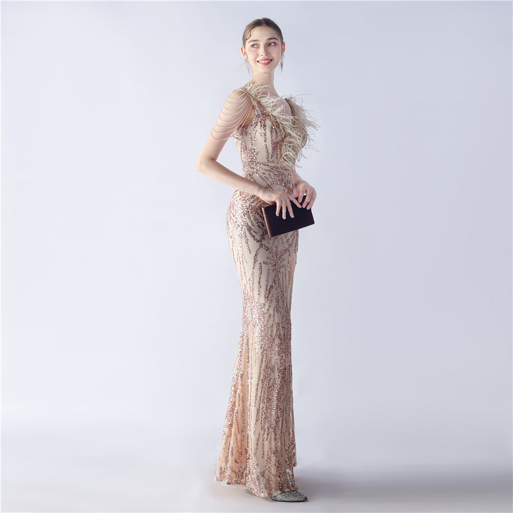 Maxi Dress with Ostrich Feathers and Sequins for Evening Events