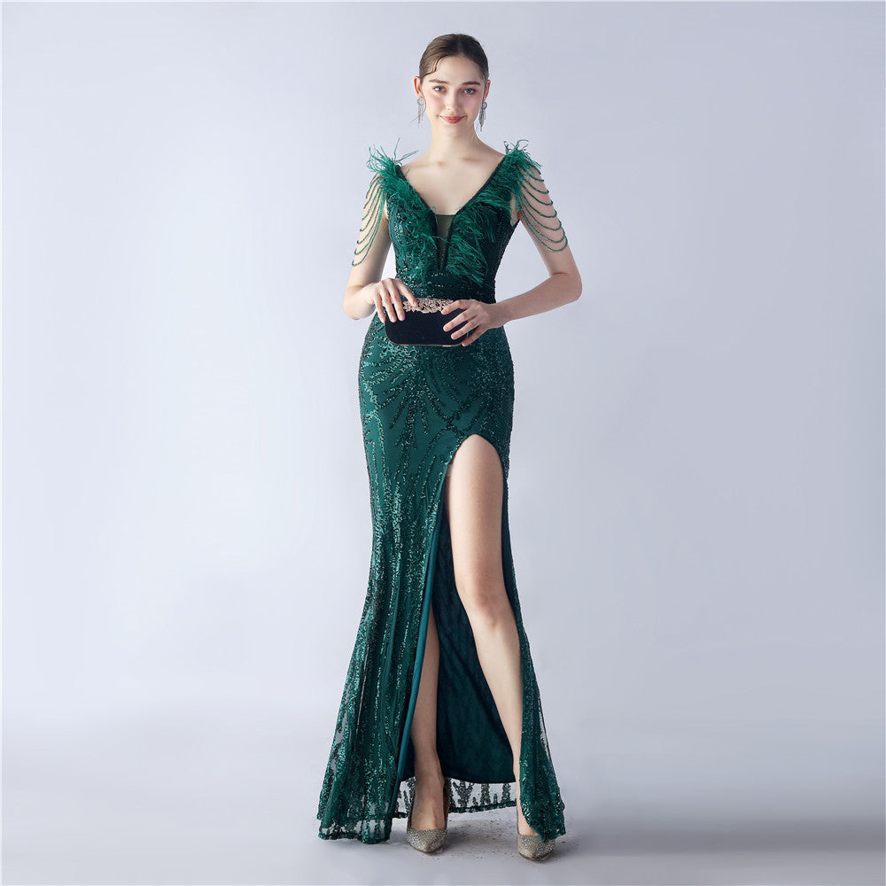 Maxi Dress with Ostrich Feathers and Sequins for Evening Events