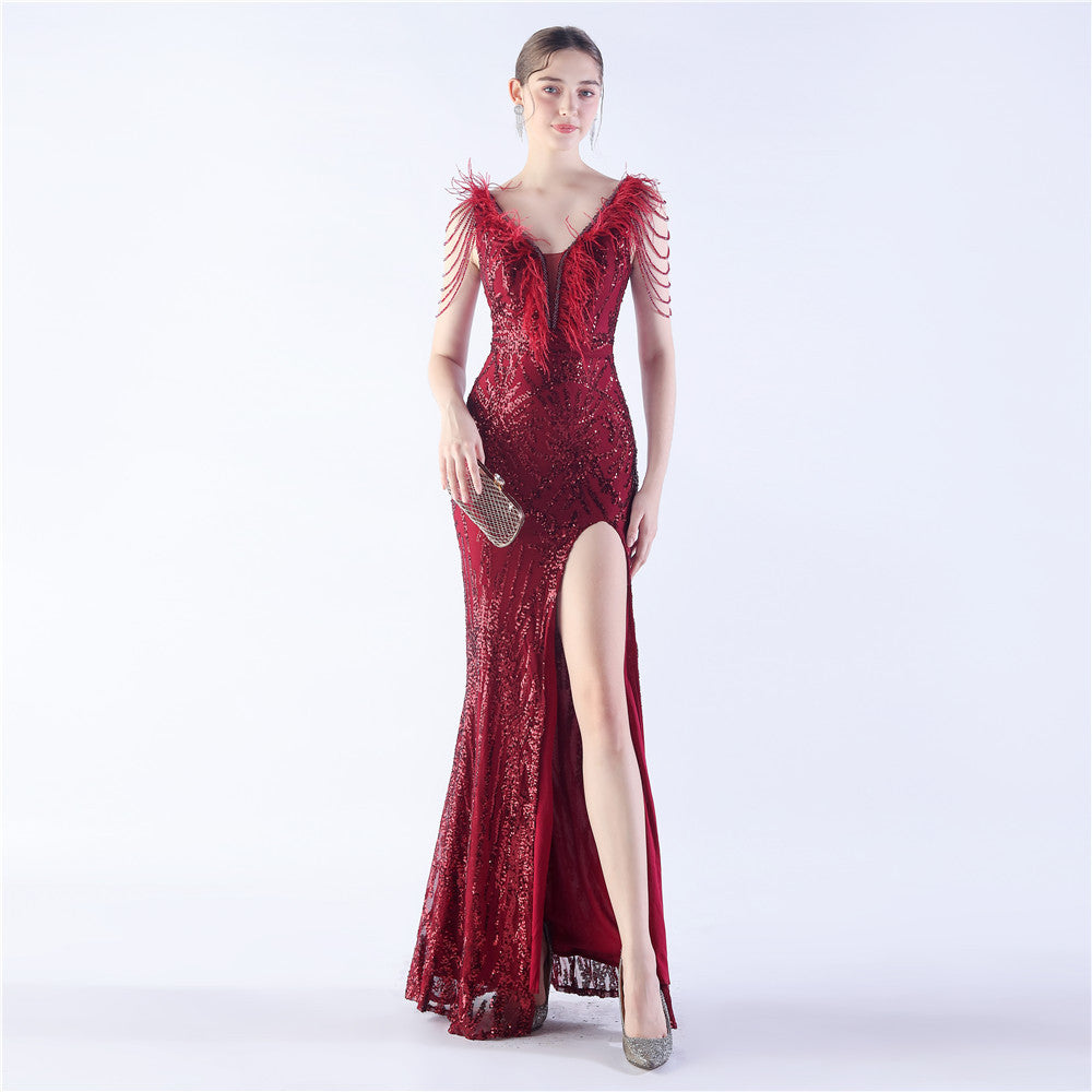 Maxi Dress with Ostrich Feathers and Sequins for Evening Events