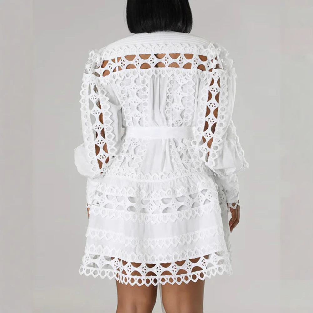 Lace Cutout Dress for Women Stand Collar Long Sleeve Style Chic Look