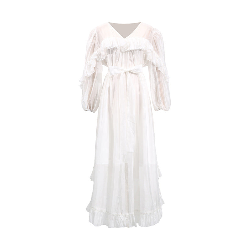 Elegant Asymmetrical Maxi Dress with a VNeck for Spring and Fall Occasions