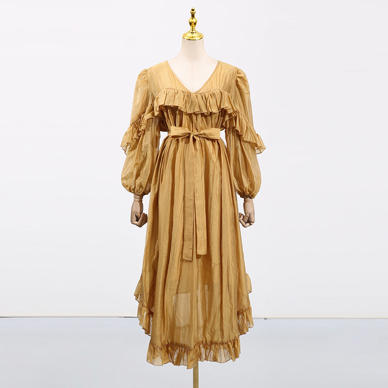 Elegant Asymmetrical Maxi Dress with a VNeck for Spring and Fall Occasions