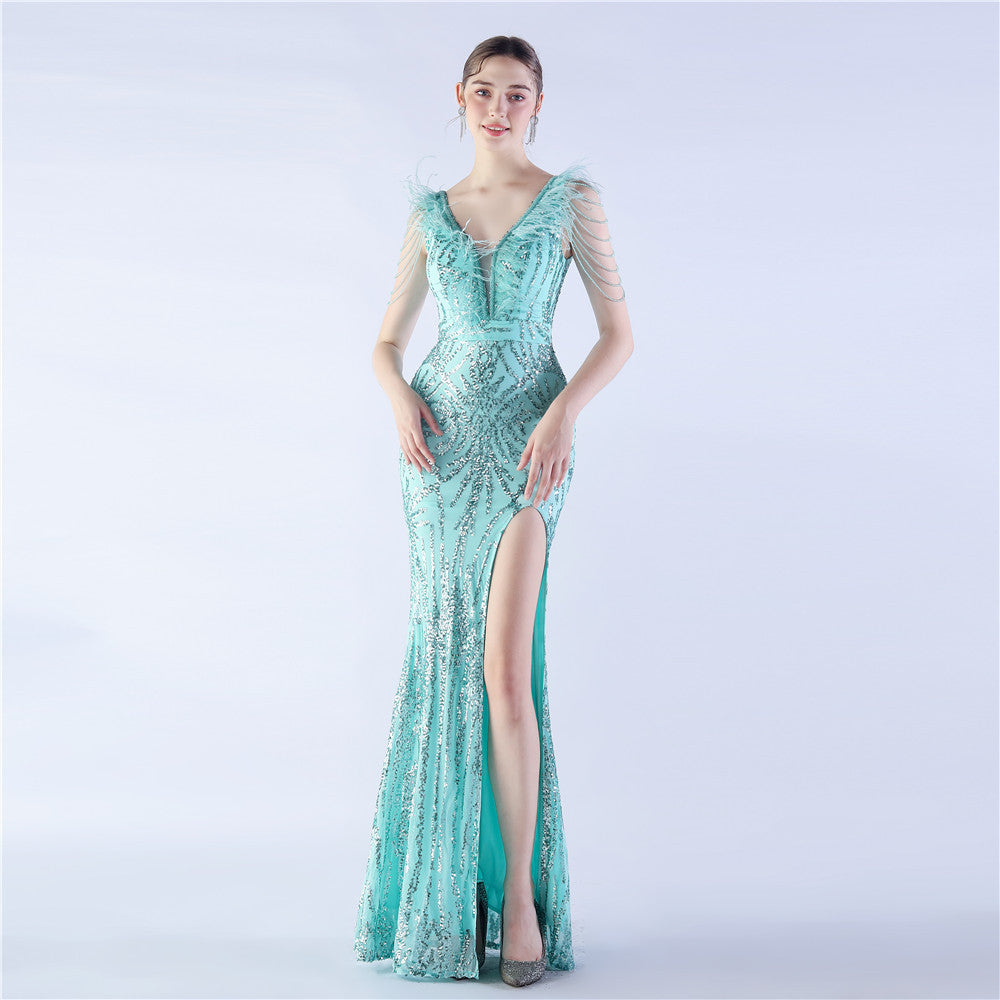 Maxi Dress with Ostrich Feathers and Sequins for Evening Events