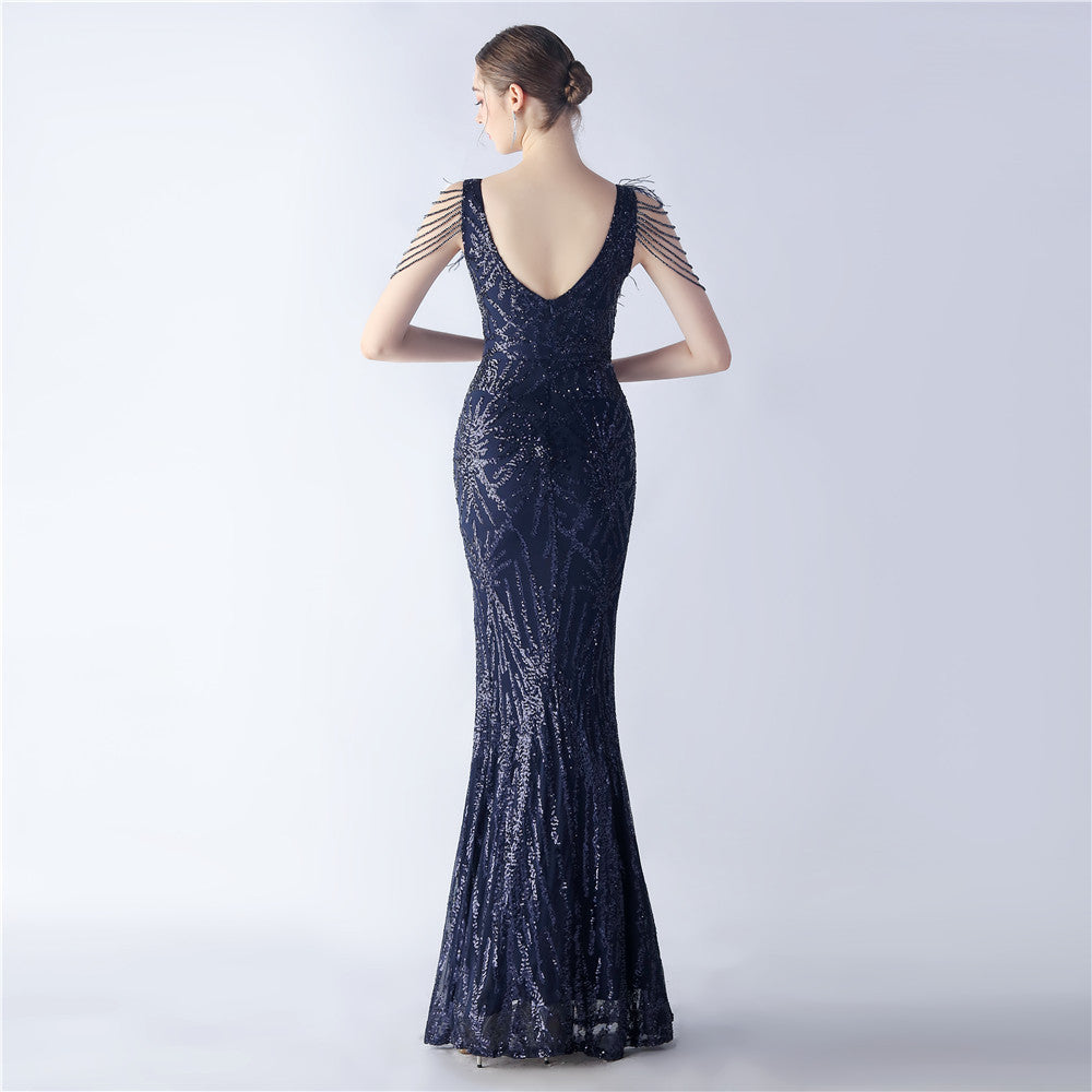 Maxi Dress with Ostrich Feathers and Sequins for Evening Events
