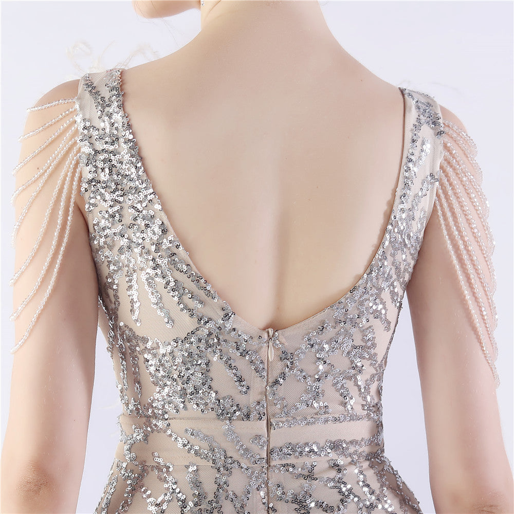 Maxi Dress with Ostrich Feathers and Sequins for Evening Events