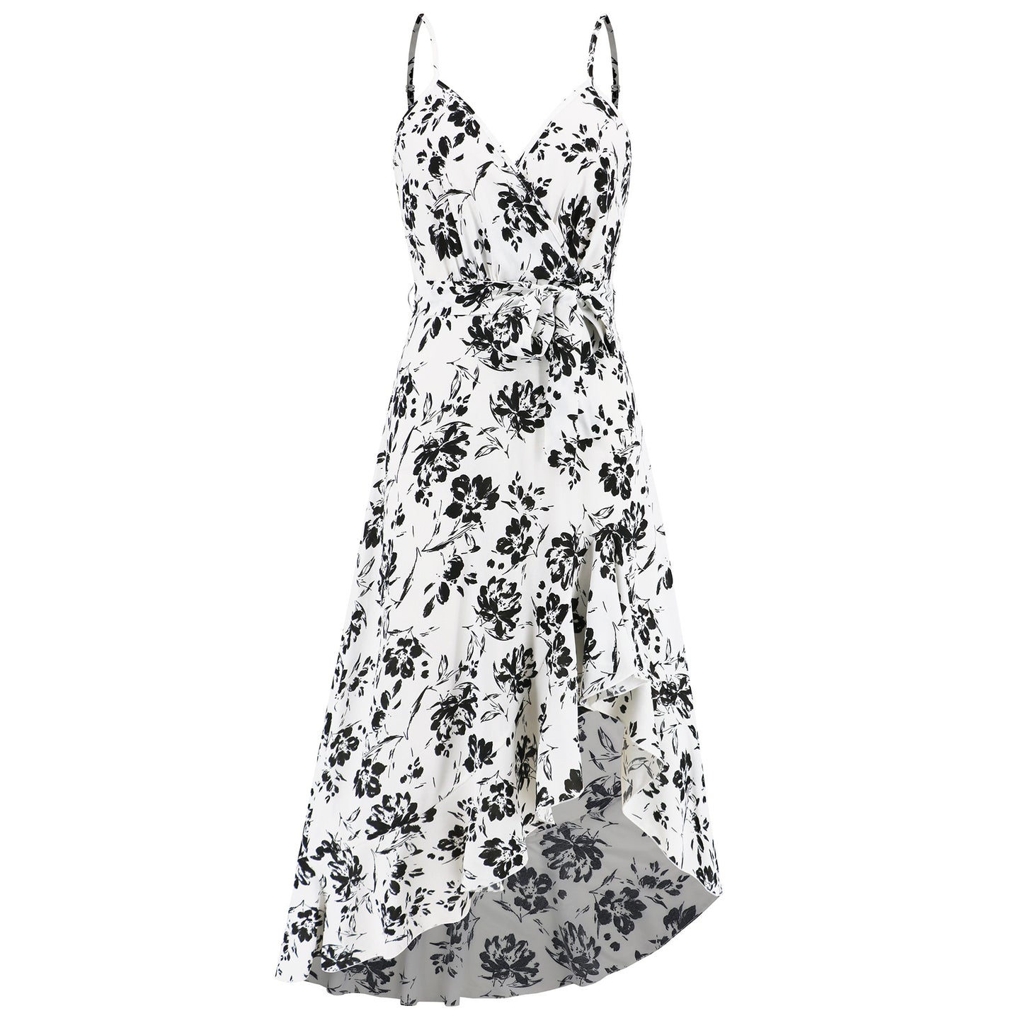 Asymmetrical Floral Mini Dress with Ruffles and Belt for a Summer Party Look Sexy Vacation Outfit