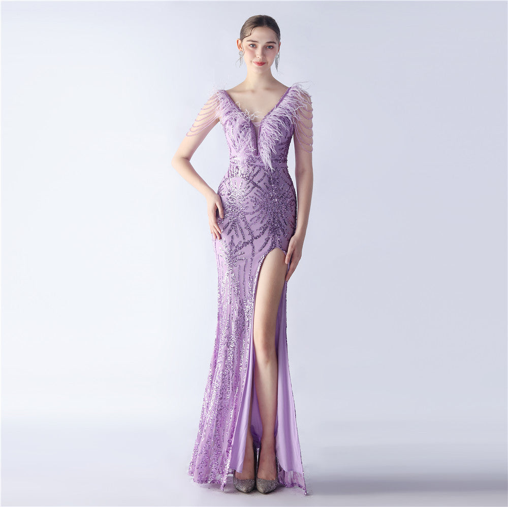 Maxi Dress with Ostrich Feathers and Sequins for Evening Events