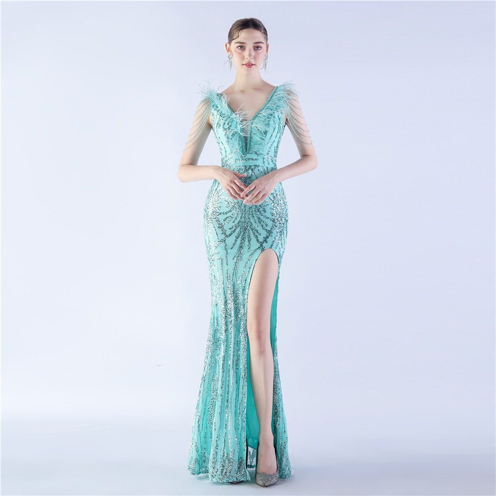 Maxi Dress with Ostrich Feathers and Sequins for Evening Events