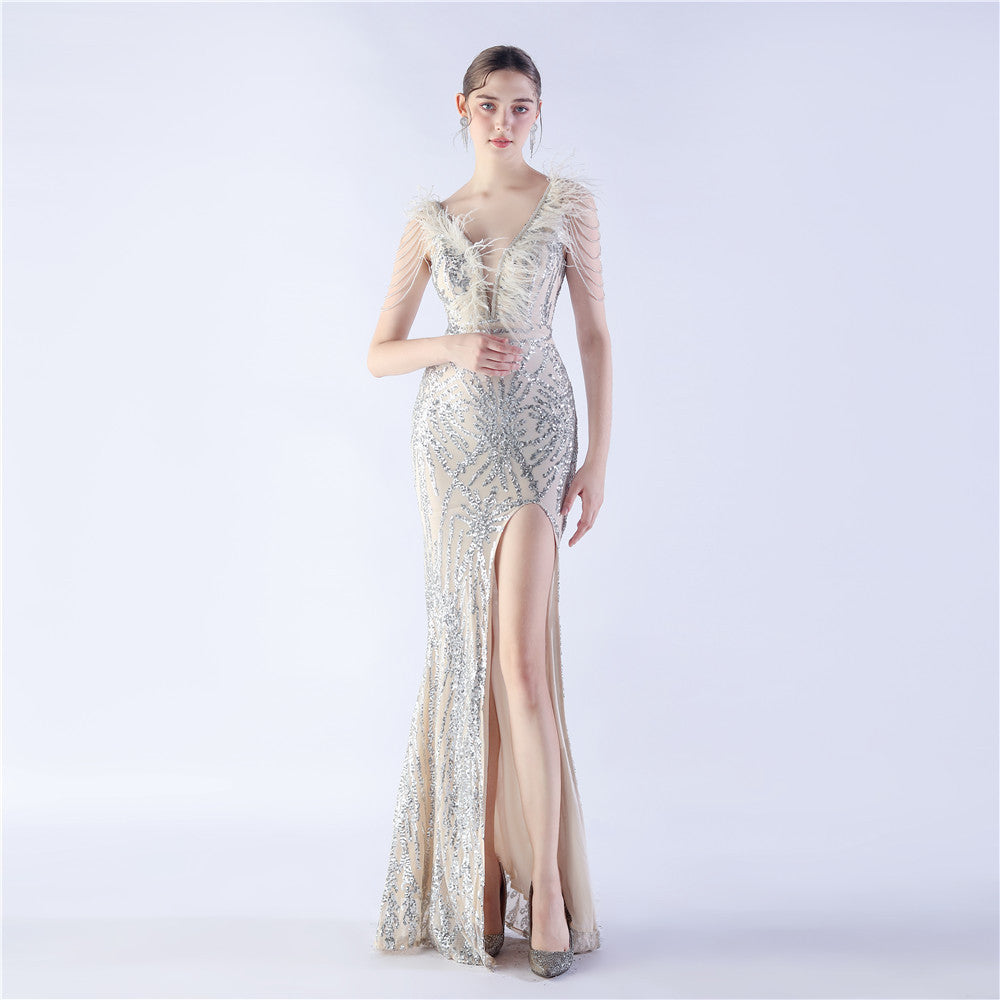 Maxi Dress with Ostrich Feathers and Sequins for Evening Events