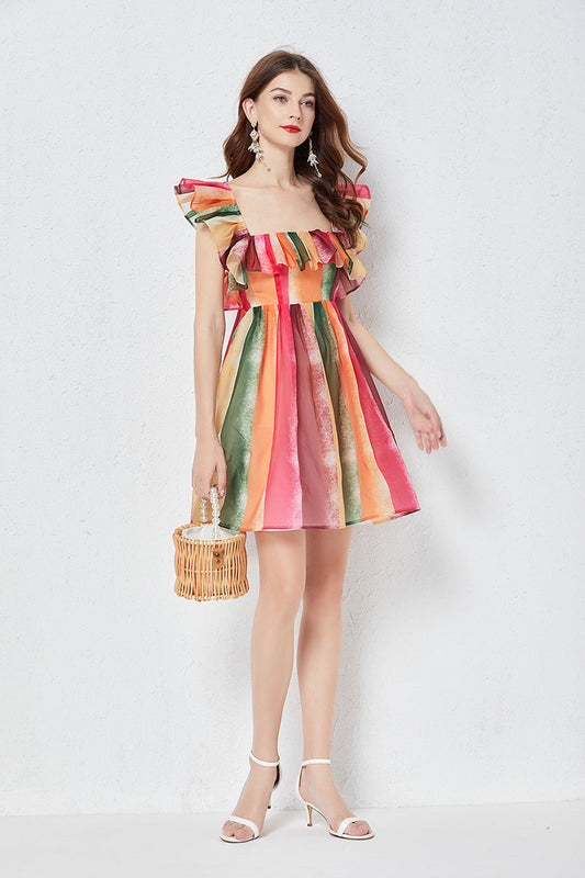 Rainbow Striped Square Neck Dress for Summer Women A Line Dress Casual Outfit Idea