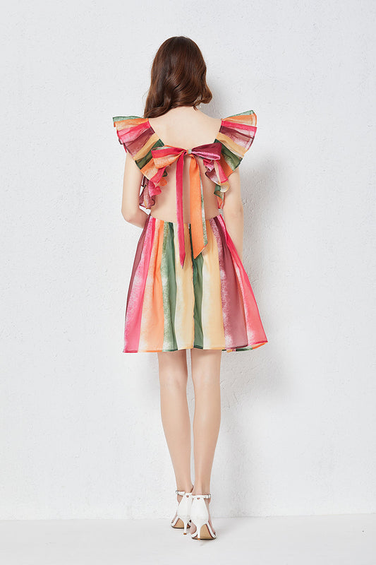 Rainbow Striped Square Neck Dress for Summer Women A Line Dress Casual Outfit Idea