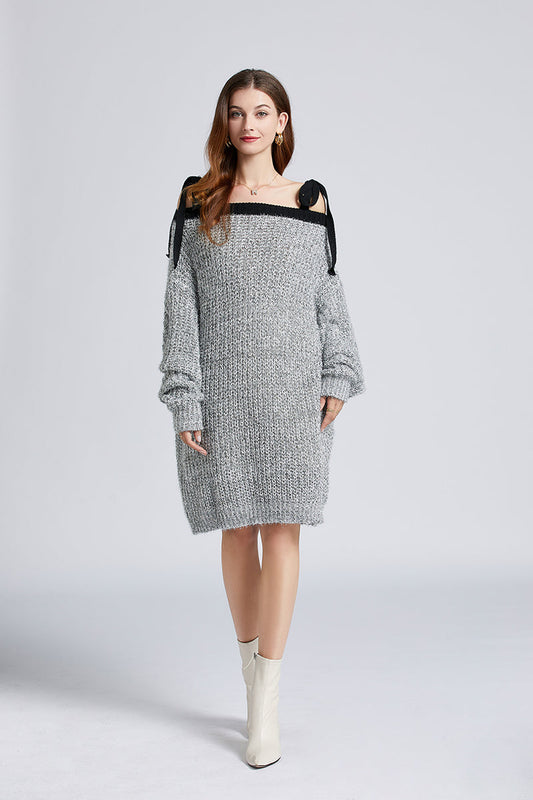Sparkling Silver Mini Dress for Fall Winter Off Shoulder Style Loose Fit Sweater Dress for Women