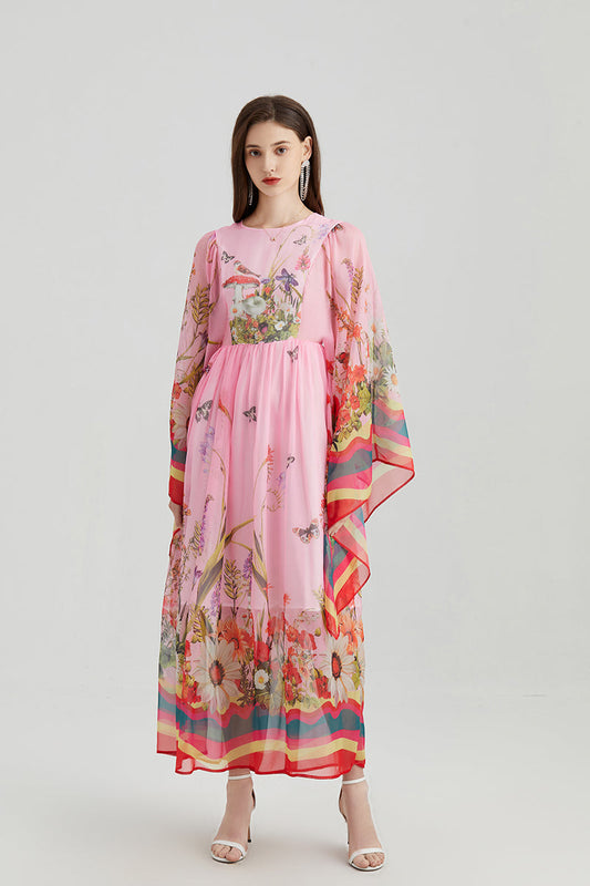 Elegant Floral Maxi Dress for Women Trumpet Sleeves Aline Court Style Long Dress