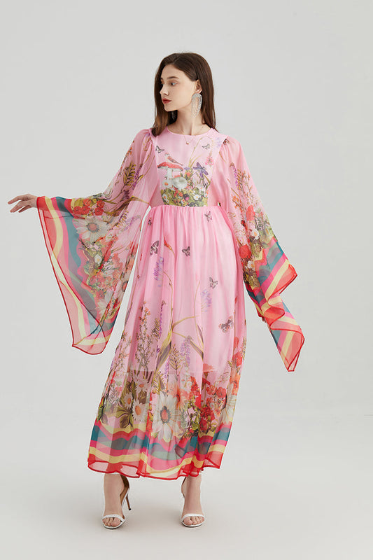 Elegant Floral Maxi Dress for Women Trumpet Sleeves Aline Court Style Long Dress