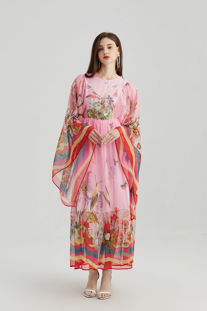 Elegant Floral Maxi Dress for Women Trumpet Sleeves Aline Court Style Long Dress
