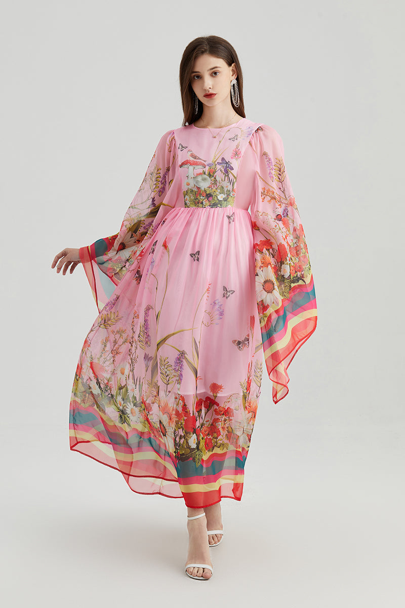 Elegant Floral Maxi Dress for Women Trumpet Sleeves Aline Court Style Long Dress