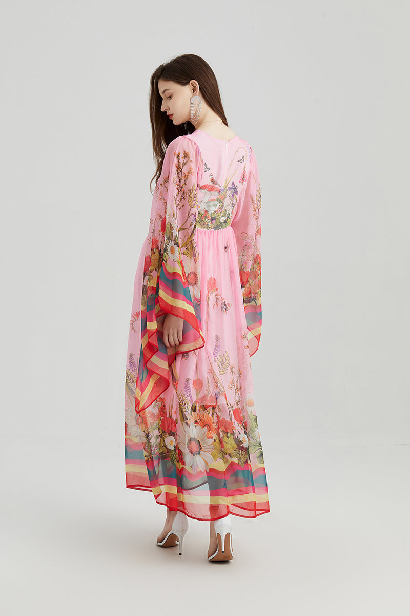Elegant Floral Maxi Dress for Women Trumpet Sleeves Aline Court Style Long Dress