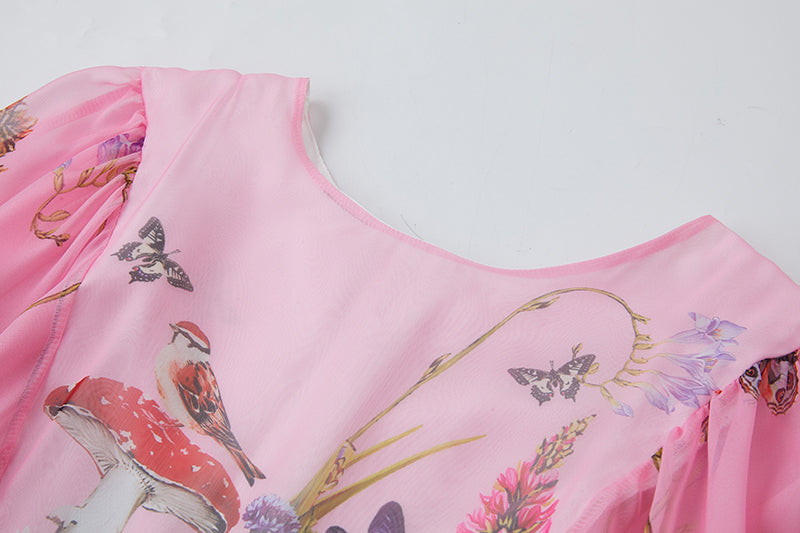 Elegant Floral Maxi Dress for Women Trumpet Sleeves Aline Court Style Long Dress
