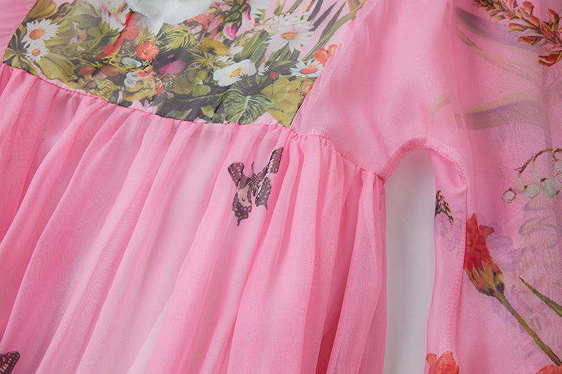 Elegant Floral Maxi Dress for Women Trumpet Sleeves Aline Court Style Long Dress