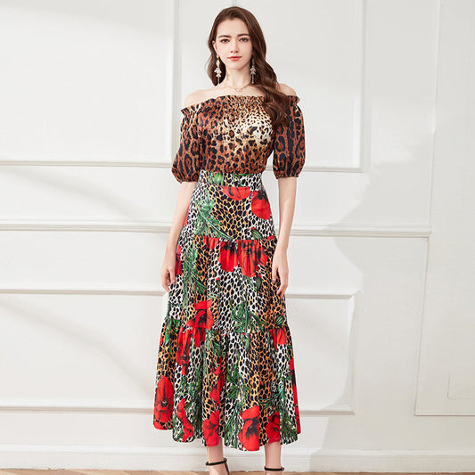Leopard Print Floral Two Piece Set for Women Summer Vacation Outfit Wrap Mini Dress