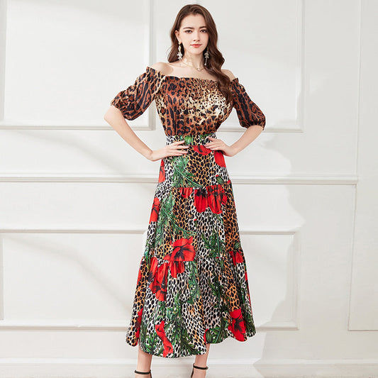 Leopard Print Floral Two Piece Set for Women Summer Vacation Outfit Wrap Mini Dress