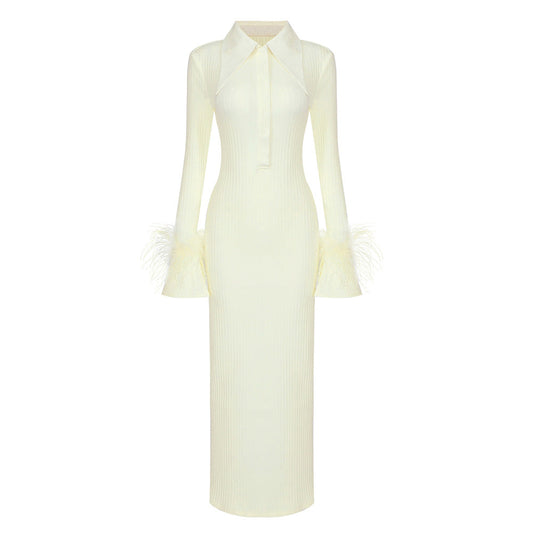 Yellow Maxi Dress with Feather Trim Long Sleeves and Collar Chic Formal Attire