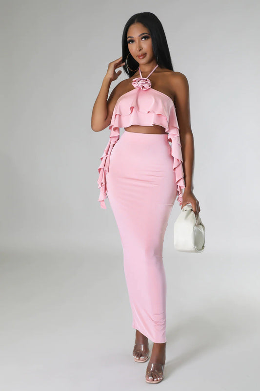 Halter Neckline Maxi Two Piece Set With Ruffled Details Perfect for Parties and Summer Nights