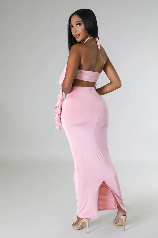 Halter Neckline Maxi Two Piece Set With Ruffled Details Perfect for Parties and Summer Nights