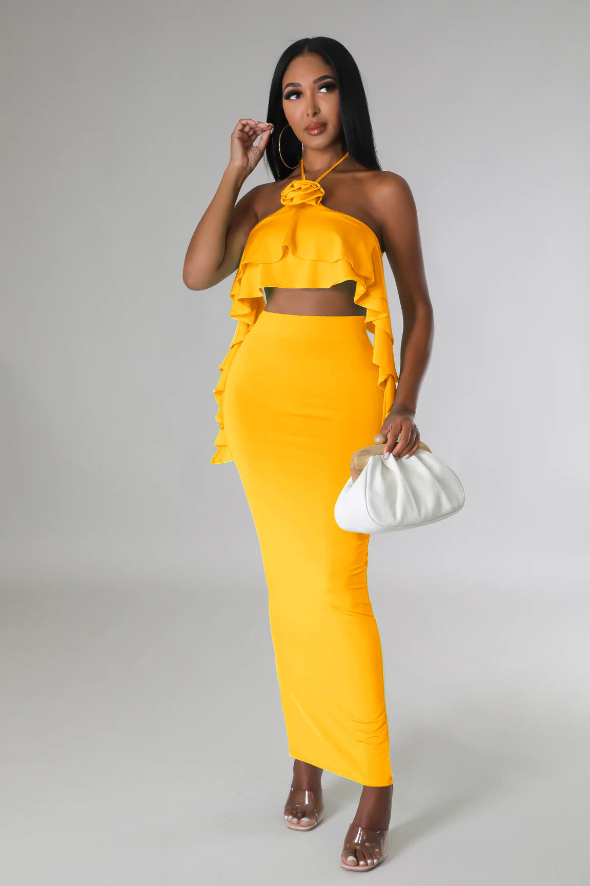 Halter Neckline Maxi Two Piece Set With Ruffled Details Perfect for Parties and Summer Nights